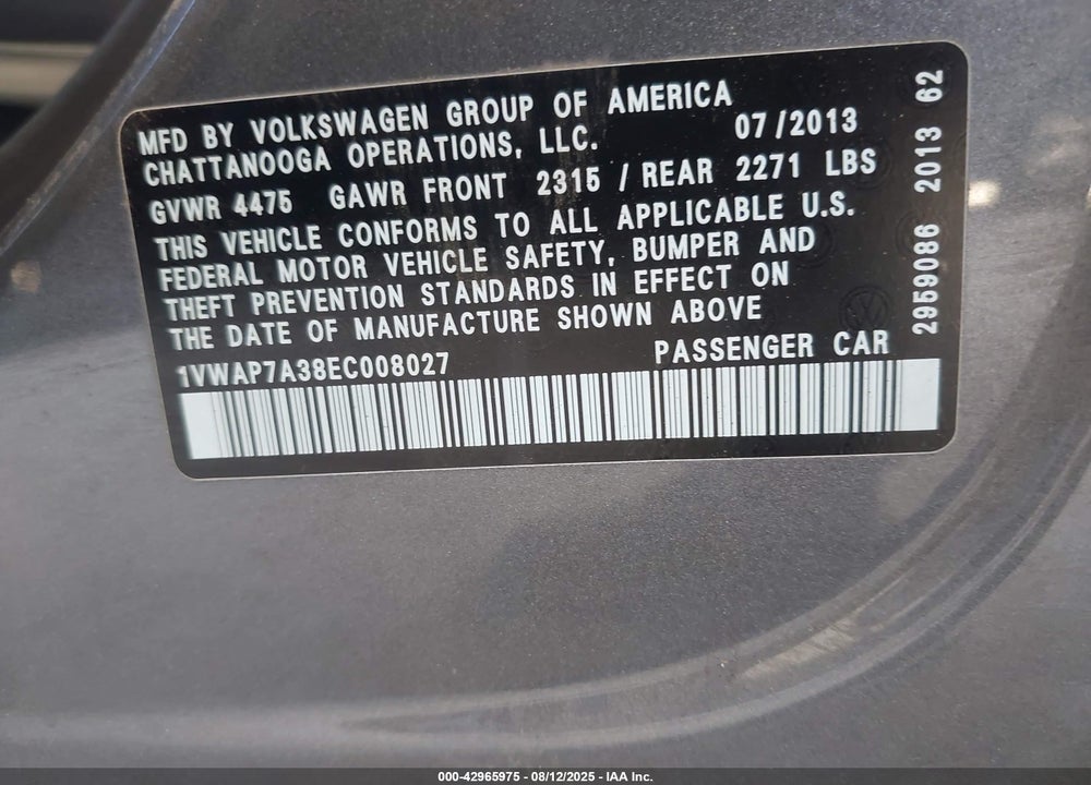 2014 VOLKSWAGEN PASSAT VIN: 1VWAP7A38EC008027