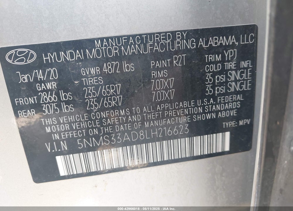 2020 HYUNDAI SANTA FE VIN: 5NMS33AD8LH216623
