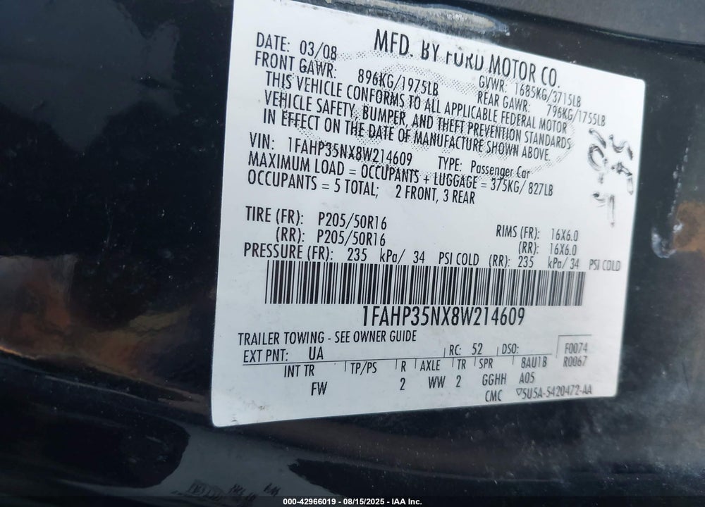 2008 FORD FOCUS SE/SES VIN: 1FAHP35NX8W214609