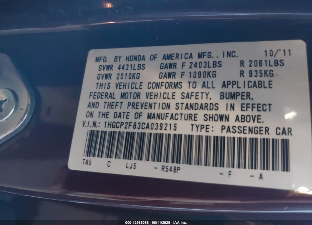2012 HONDA ACCORD VIN: 1HGCP2F83CA039215