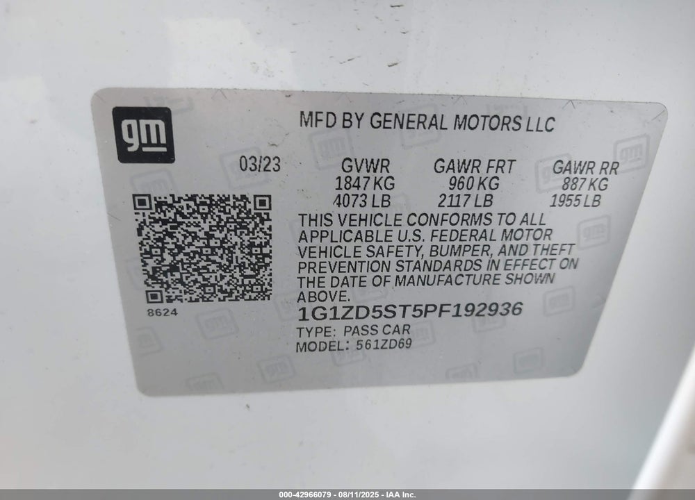 2023 CHEVROLET MALIBU VIN: 1G1ZD5ST5PF192936