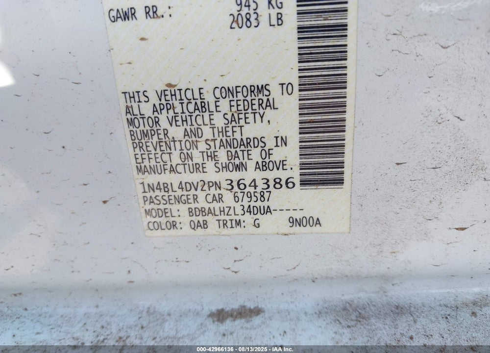 2023 NISSAN ALTIMA VIN: 1N4BL4DV2PN364386