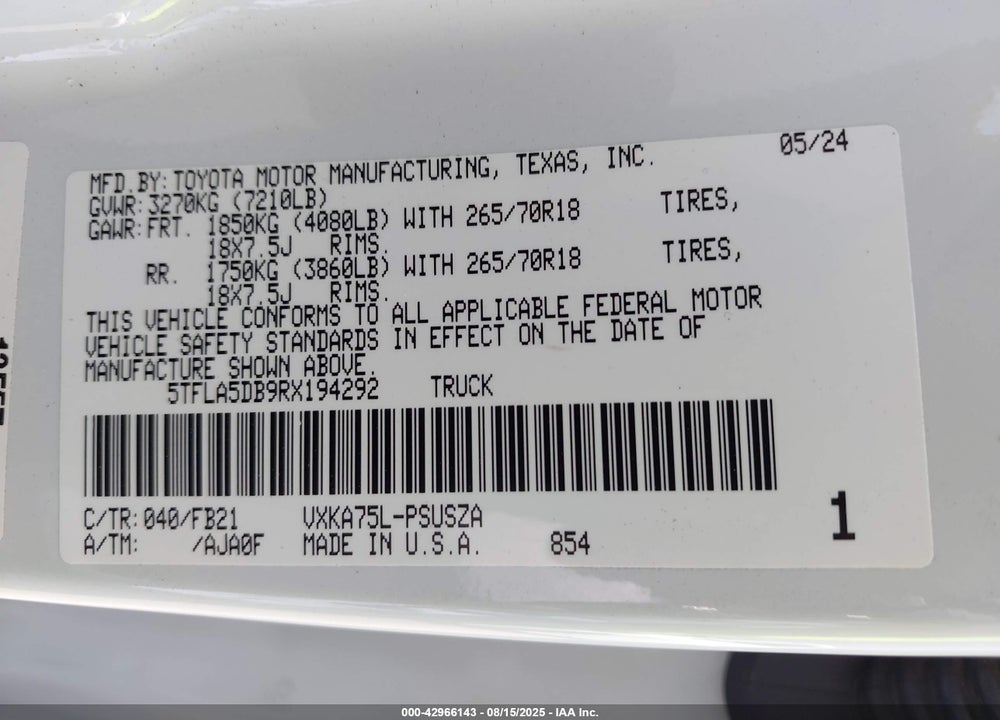 2024 TOYOTA TUNDRA VIN: 5TFLA5DB9RX194292