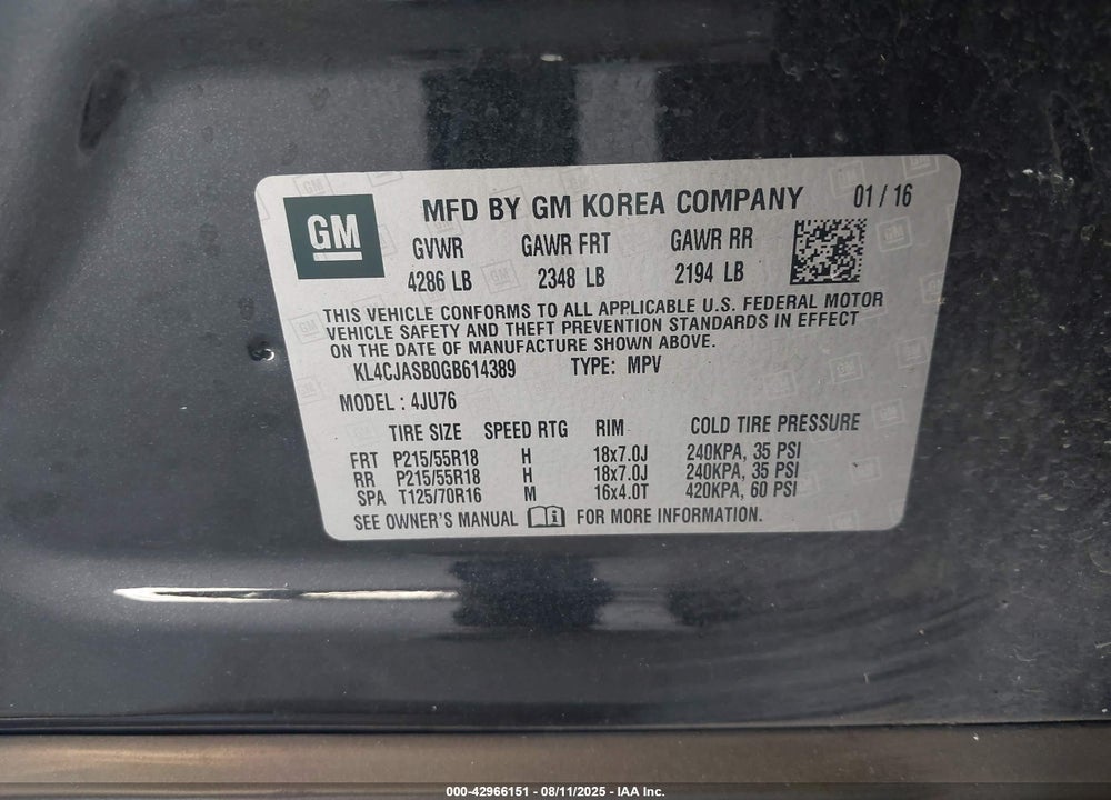 2016 BUICK ENCORE VIN: KL4CJASB0GB614389