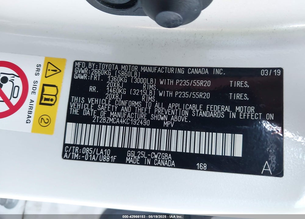 2019 LEXUS RX 350 VIN: 2T2BZMCA4KC192490
