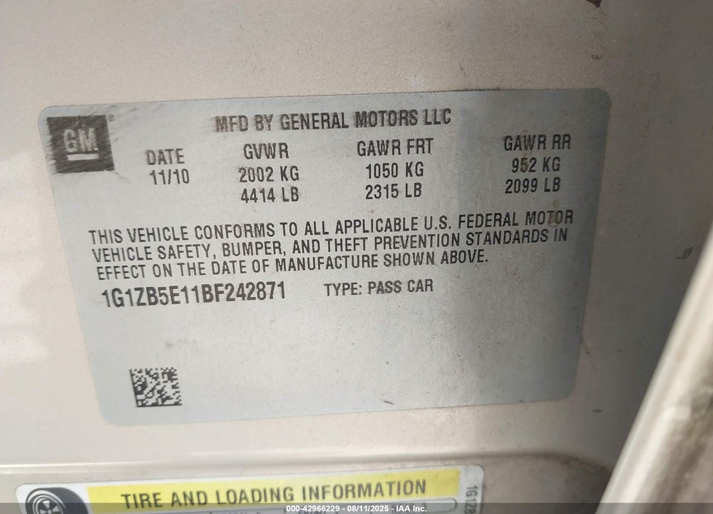 2011 CHEVROLET MALIBU VIN: 1G1ZB5E11BF242871