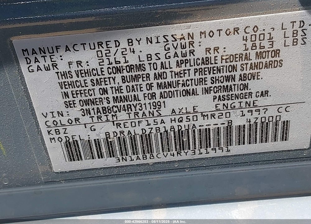 2024 NISSAN SENTRA VIN: 3N1AB8CV4RY311991
