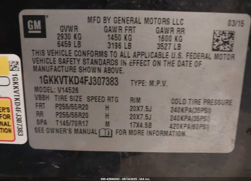 2015 GMC ACADIA DENALI VIN: 1GKKVTKD4FJ307383