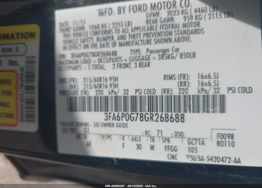 2016 FORD FUSION VIN: 3FA6P0G78GR268688