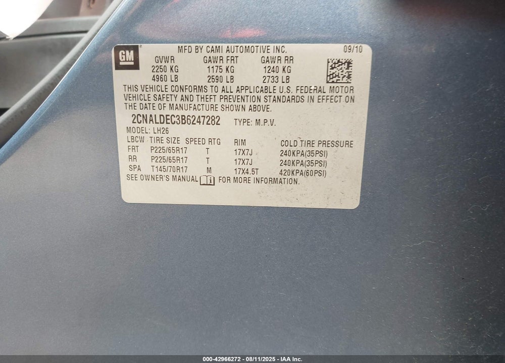 2011 CHEVROLET EQUINOX VIN: 2CNALDEC3B6247282