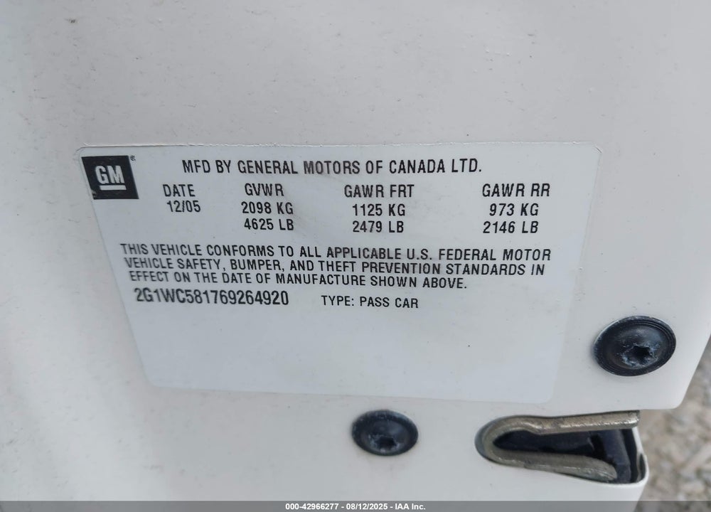 2006 CHEVROLET IMPALA LT VIN: 2G1WC581769264920