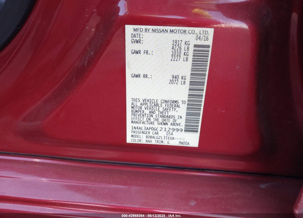 2016 NISSAN ALTIMA VIN: 1N4AL3AP0GC212999