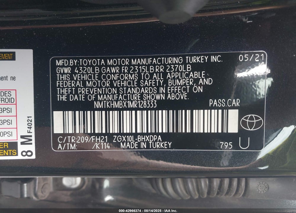 2021 TOYOTA C-HR VIN: NMTKHMBX1MR128333