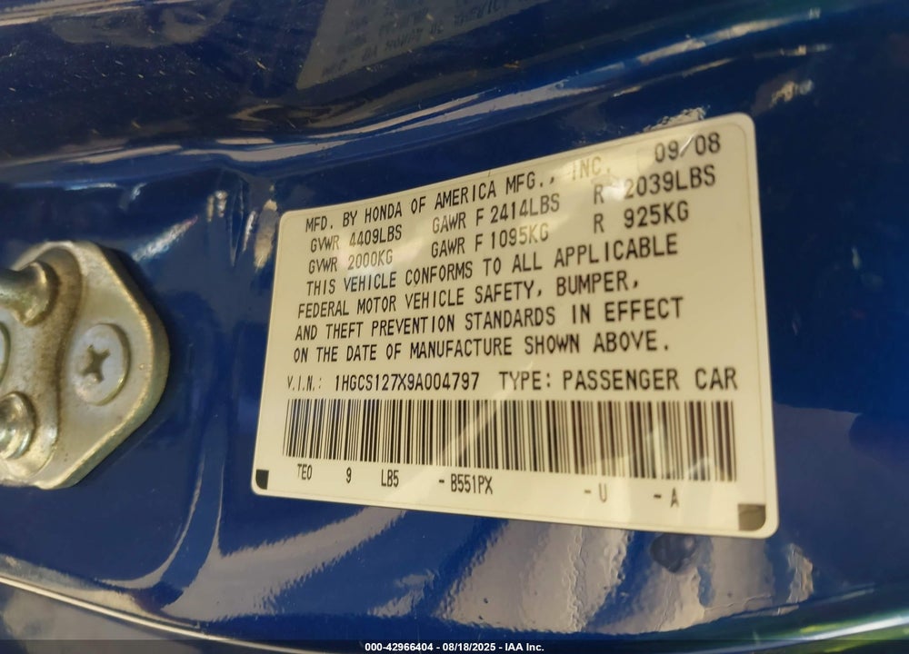 2009 HONDA ACCORD VIN: 1HGCS127X9A004797