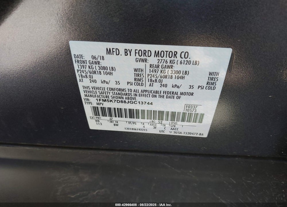 2018 FORD EXPLORER VIN: 1FM5K7D88JGC13744