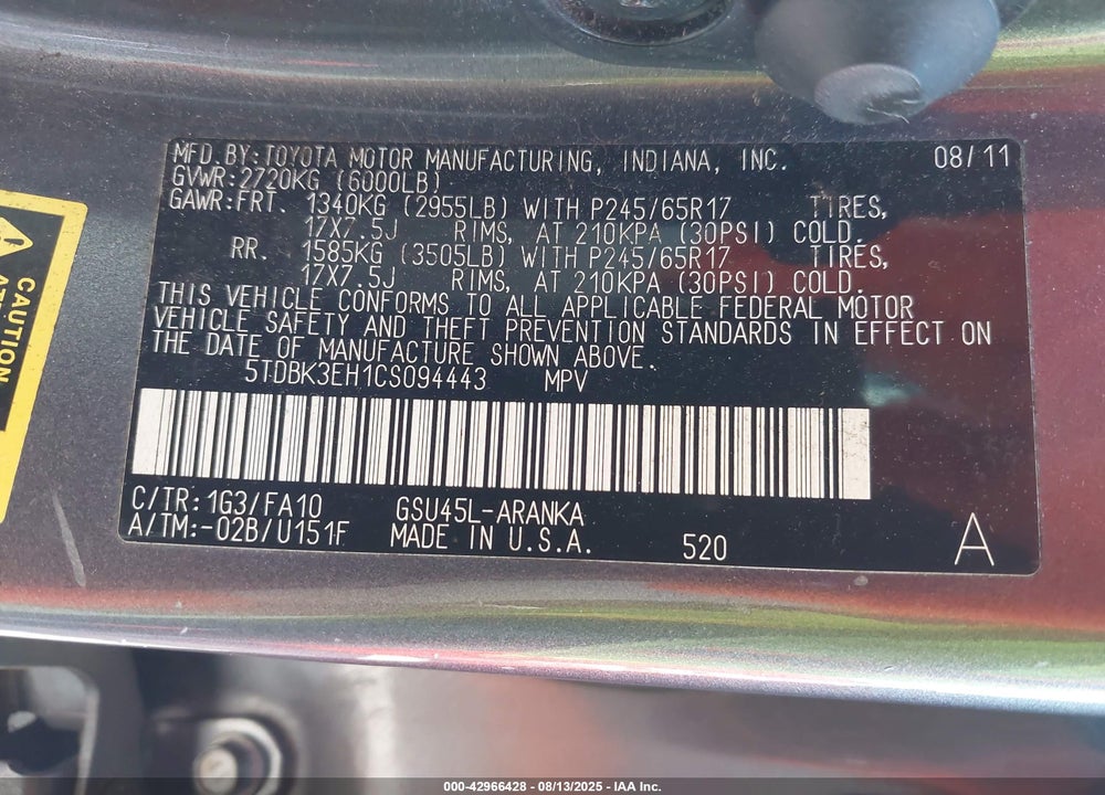 2012 TOYOTA HIGHLANDER VIN: 5TDBK3EH1CS094443
