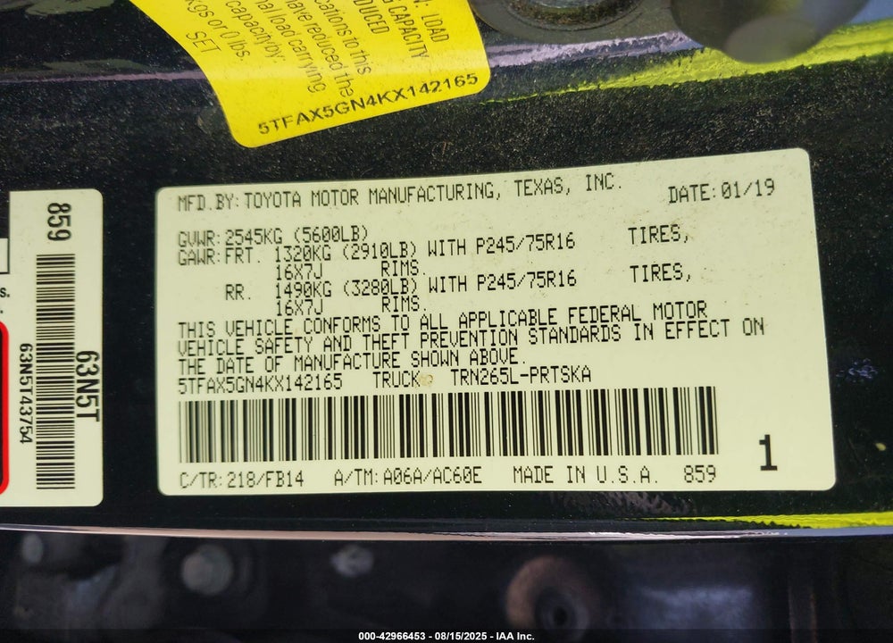 2019 TOYOTA TACOMA VIN: 5TFAX5GN4KX142165