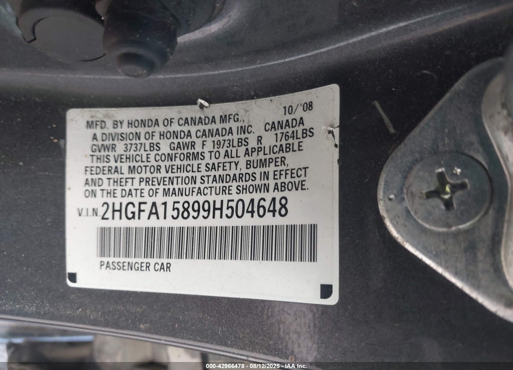 2009 HONDA CIVIC VIN: 2HGFA15899H504648