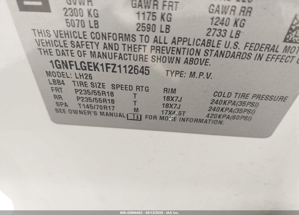 2015 CHEVROLET EQUINOX VIN: 1GNFLGEK1FZ112645