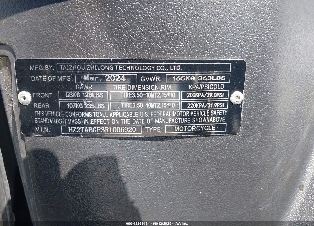 2024 TAZH MOPED VIN: HZ2TABGF3R1006920