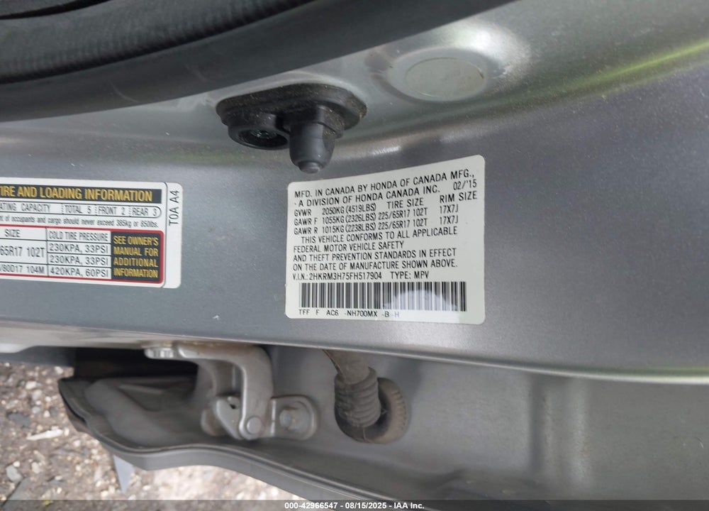 2015 HONDA CR-V VIN: 2HKRM3H75FH517904