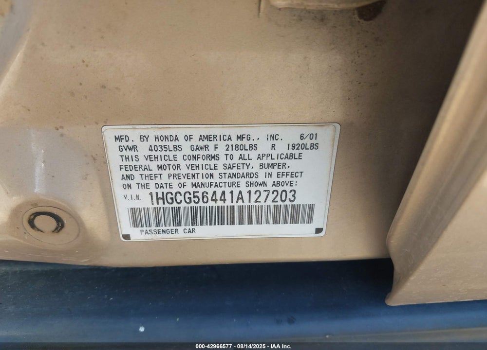 2001 HONDA ACCORD 2.3 LX VIN: 1HGCG56441A127203