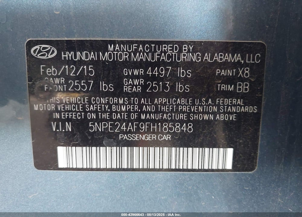2015 HYUNDAI SONATA VIN: 5NPE24AF9FH185848