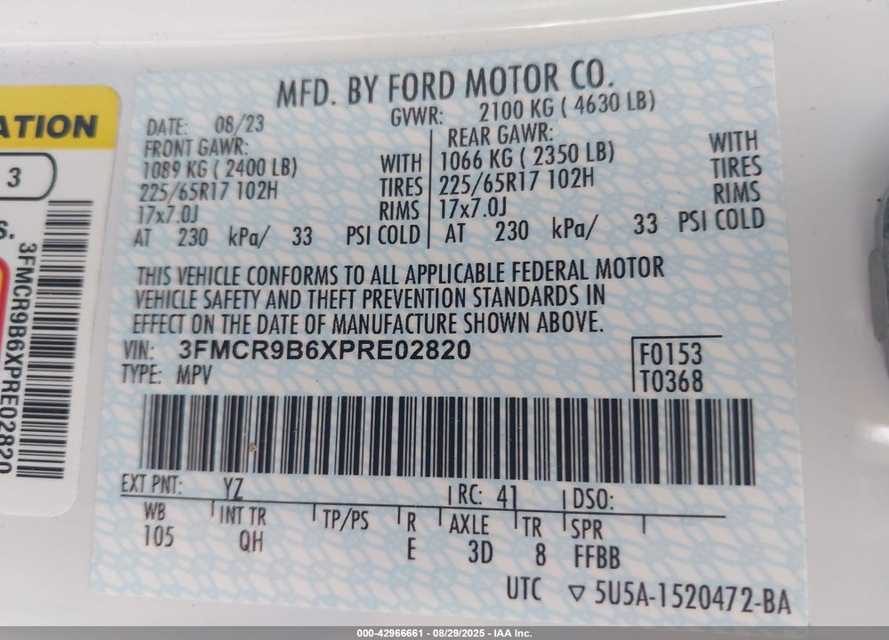 2023 FORD BRONCO SPORT VIN: 3FMCR9B6XPRE02820