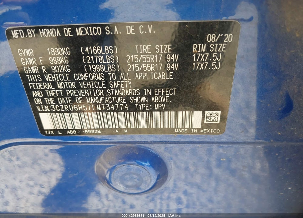 2020 HONDA HR-V VIN: 3CZRU6H57LM734774