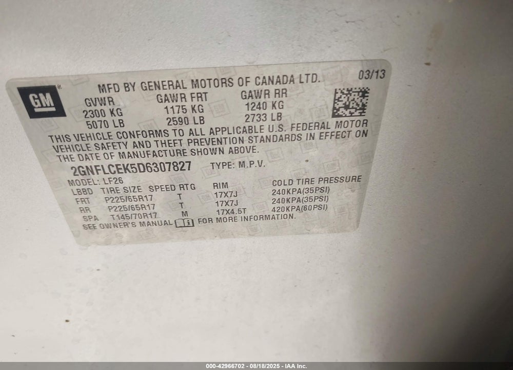 2013 CHEVROLET EQUINOX LS VIN: 2GNFLCEK5D6307827