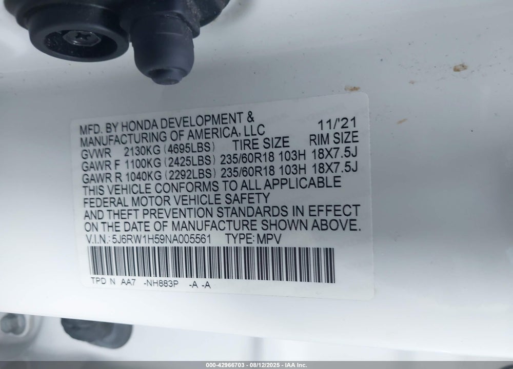 2022 HONDA CR-V VIN: 5J6RW1H59NA005561