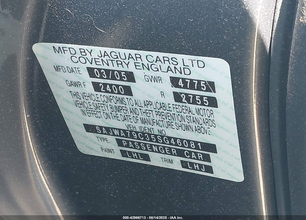 2005 JAGUAR XJ XJ8 L VIN: SAJWA79C35SG46081