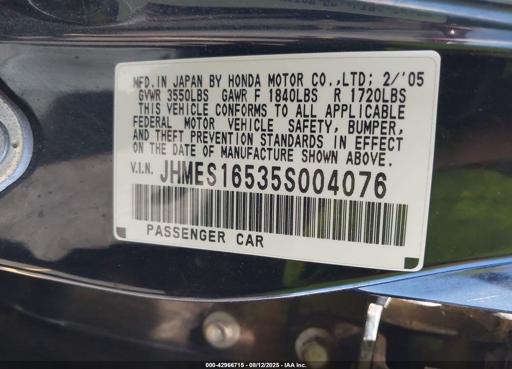 2005 HONDA CIVIC LX VIN: JHMES16535S004076