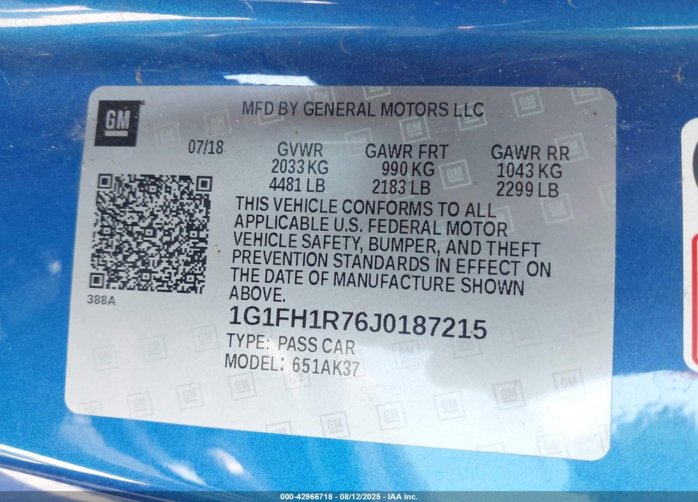 2018 CHEVROLET CAMARO VIN: 1G1FH1R76J0187215