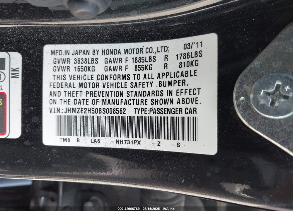 2011 HONDA INSIGHT VIN: JHMZE2H50BS008562
