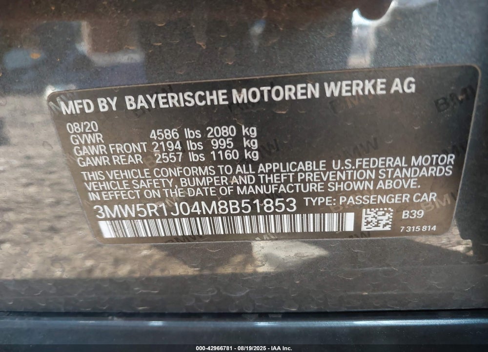 2021 BMW 3 SERIES VIN: 3MW5R1J04M8B51853
