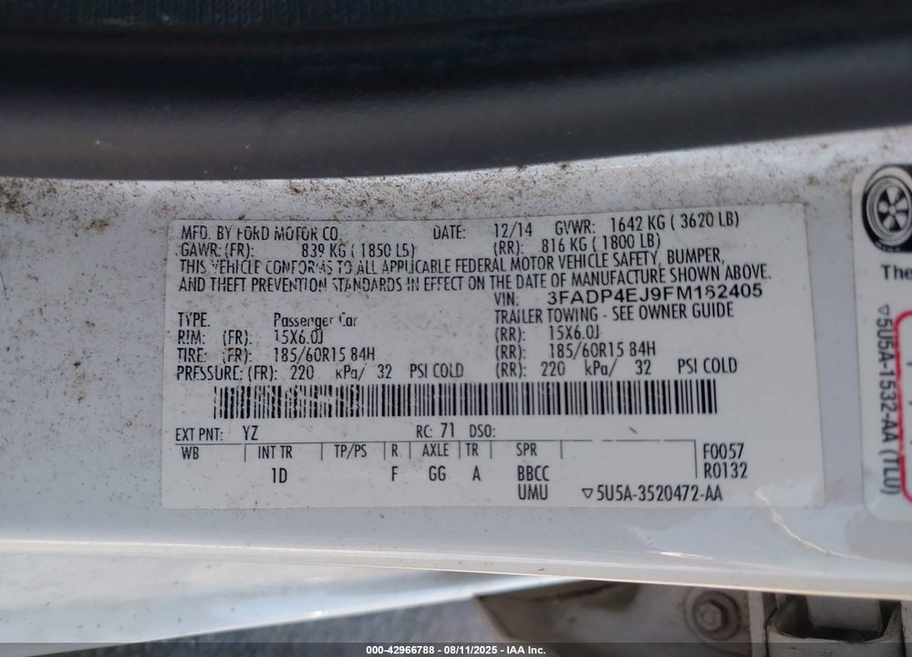 2015 FORD FIESTA VIN: 3FADP4EJ9FM162405