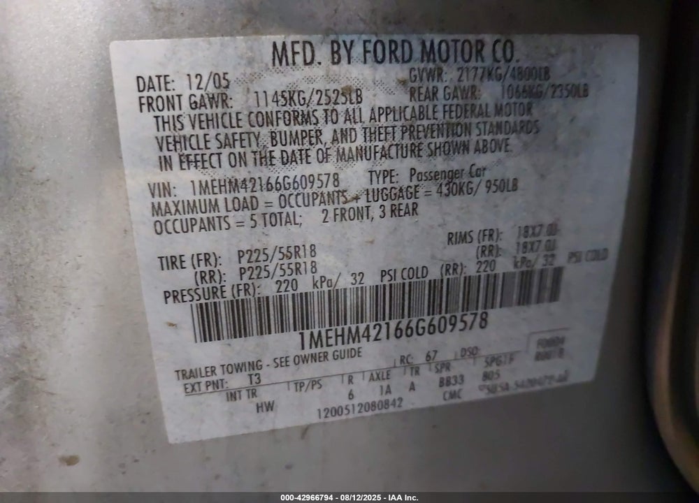 2006 MERCURY MONTEGO PREMIER VIN: 1MEHM42166G609578