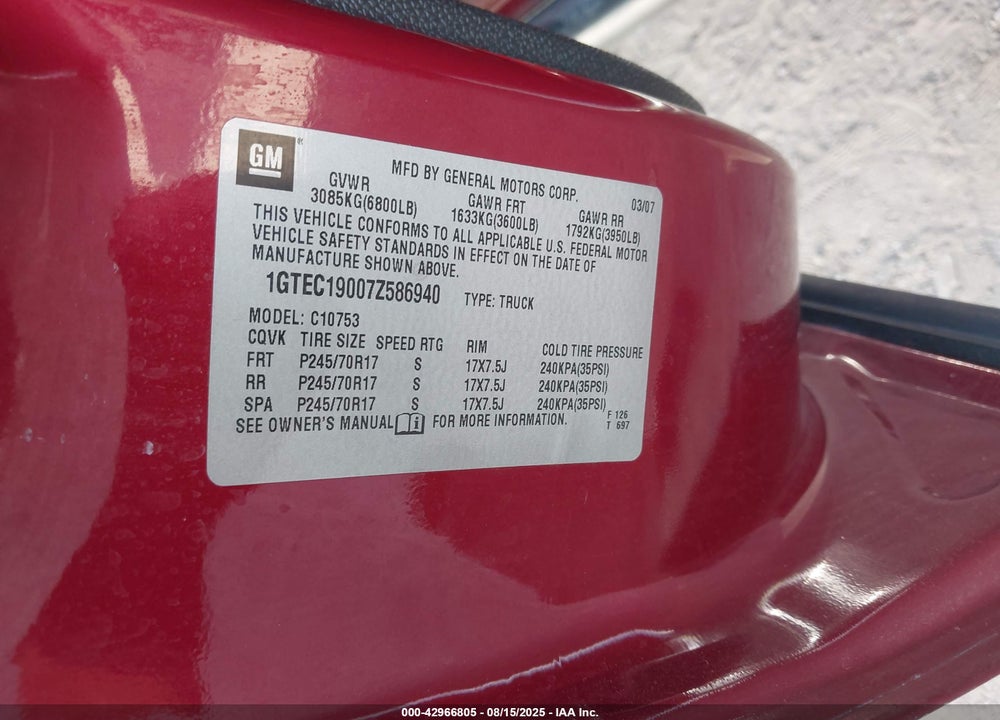 2007 GMC SIERRA 1500 SLE1 VIN: 1GTEC19007Z586940