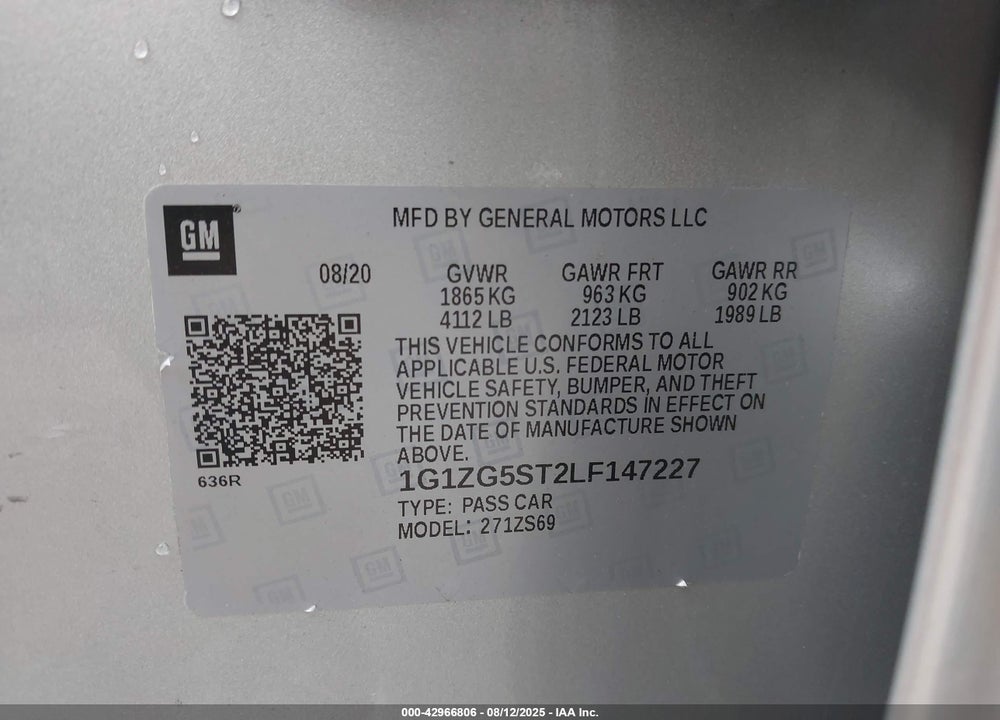2020 CHEVROLET MALIBU VIN: 1G1ZG5ST2LF147227