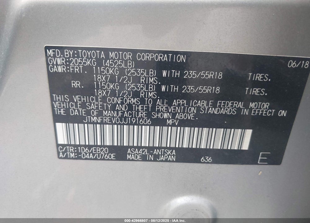 2018 TOYOTA RAV4 SE VIN: JTMNFREV0JJ191606
