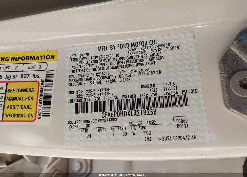 2020 FORD FUSION SE VIN: 3FA6P0HDXLR218258