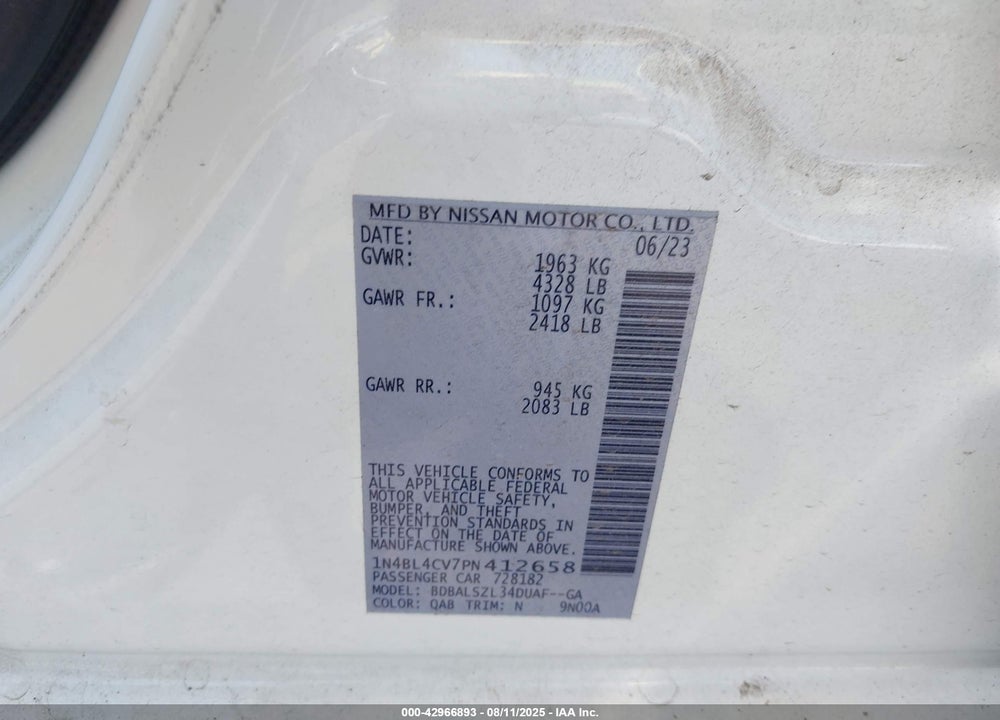 2023 NISSAN ALTIMA VIN: 1N4BL4CV7PN412658
