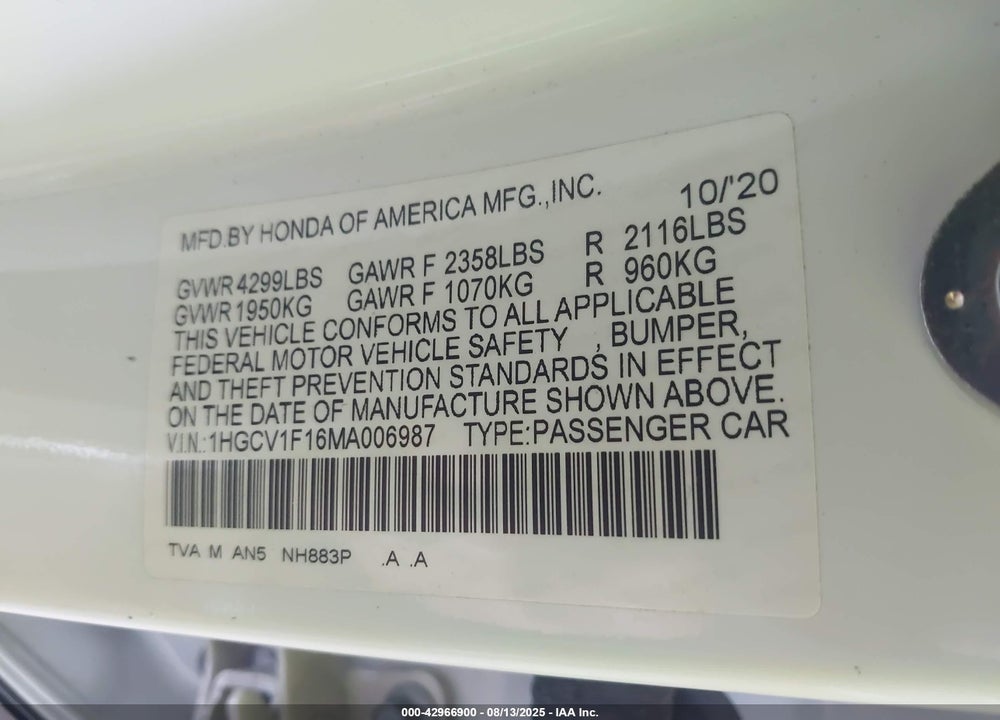 2021 HONDA ACCORD LX VIN: 1HGCV1F16MA006987