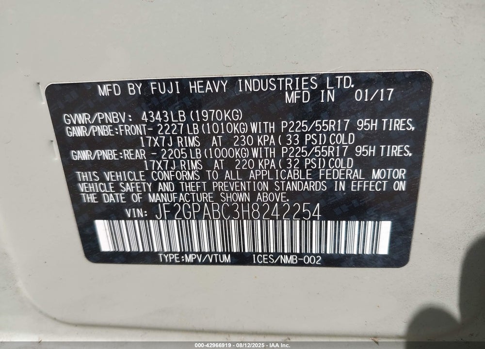 2017 SUBARU CROSSTREK VIN: JF2GPABC3H8242254