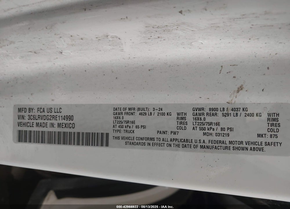 2024 RAM PROMASTER 2500 VIN: 3C6LRVDG2RE114990