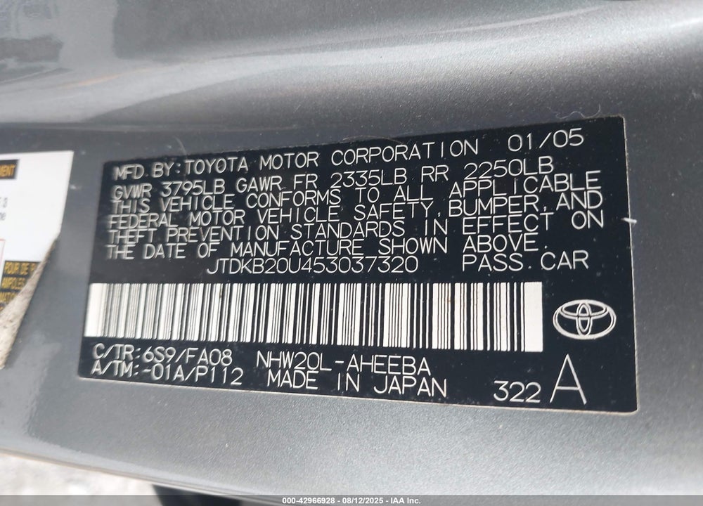 2005 TOYOTA PRIUS VIN: JTDKB20U453037320