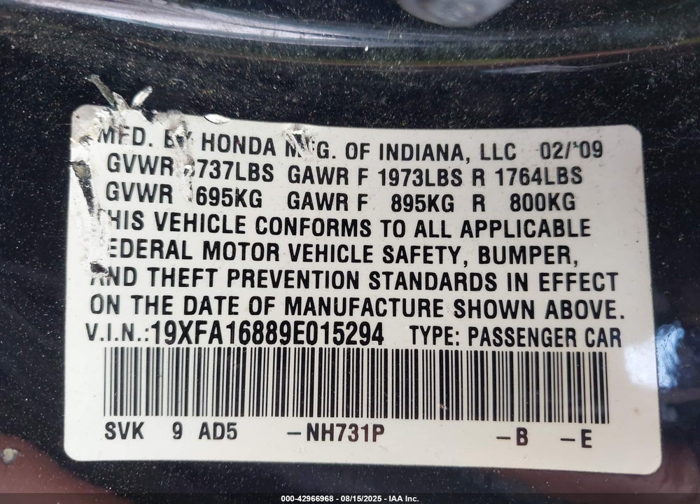 2009 HONDA CIVIC VIN: 19XFA16889E015294