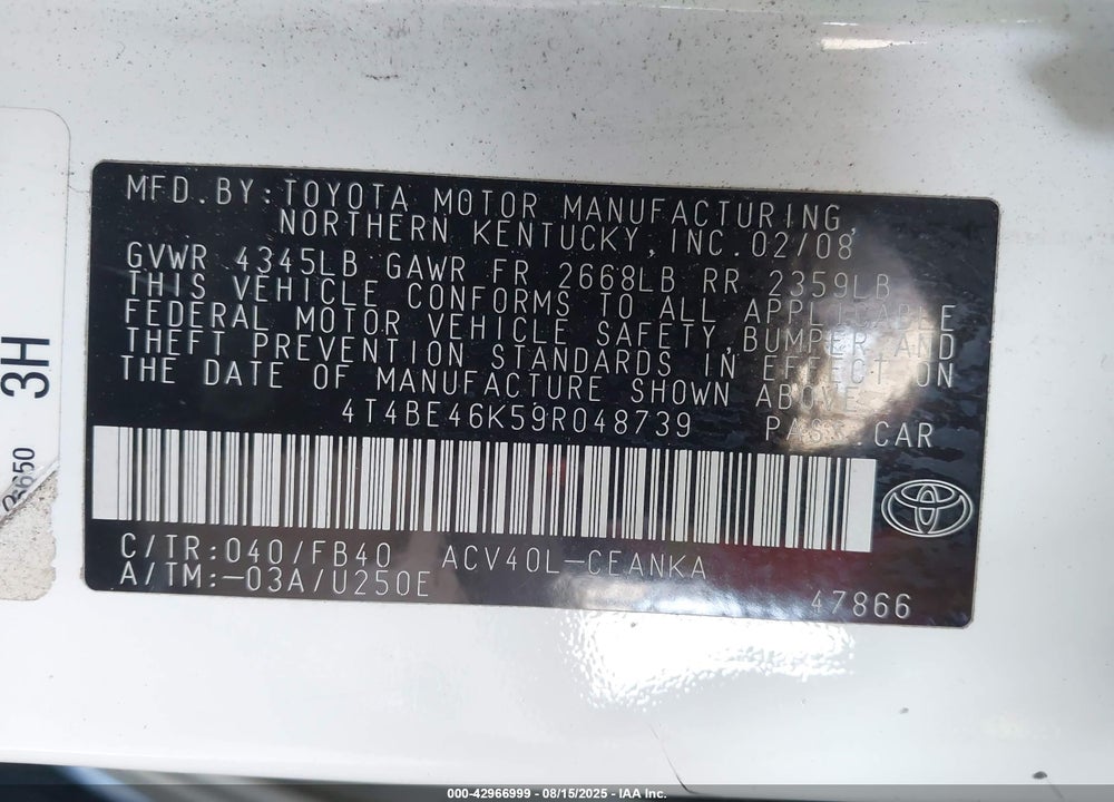 2009 TOYOTA CAMRY VIN: 4T4BE46K59R048739
