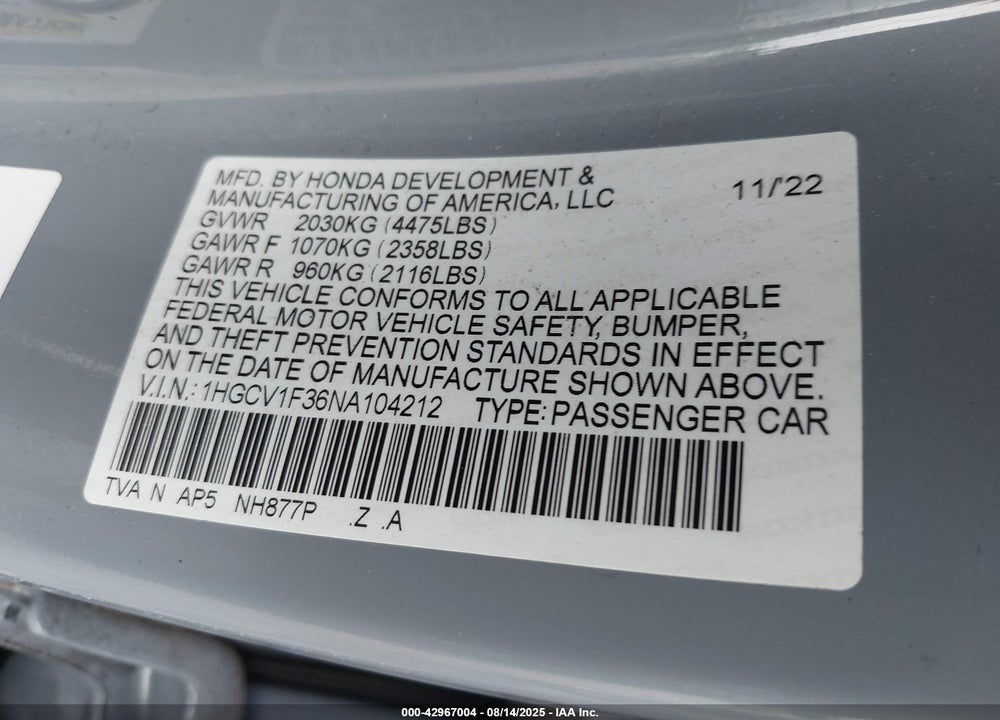 2022 HONDA ACCORD VIN: 1HGCV1F36NA104212